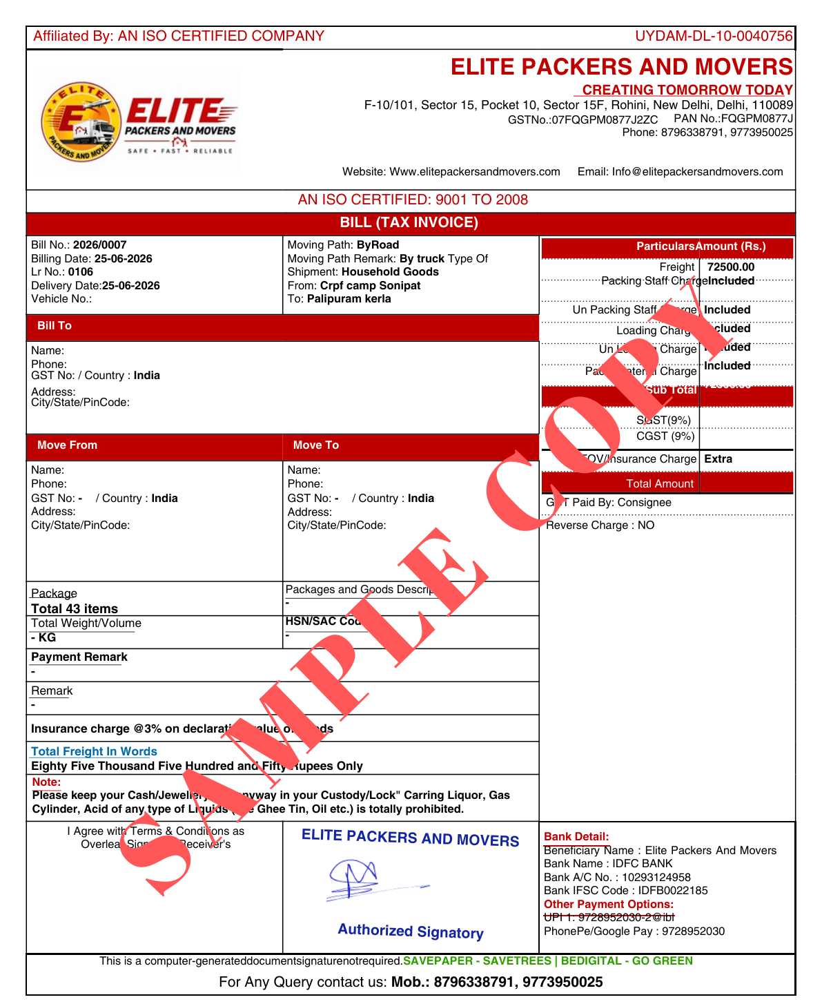 Elite Packers and Movers Bill for Claim