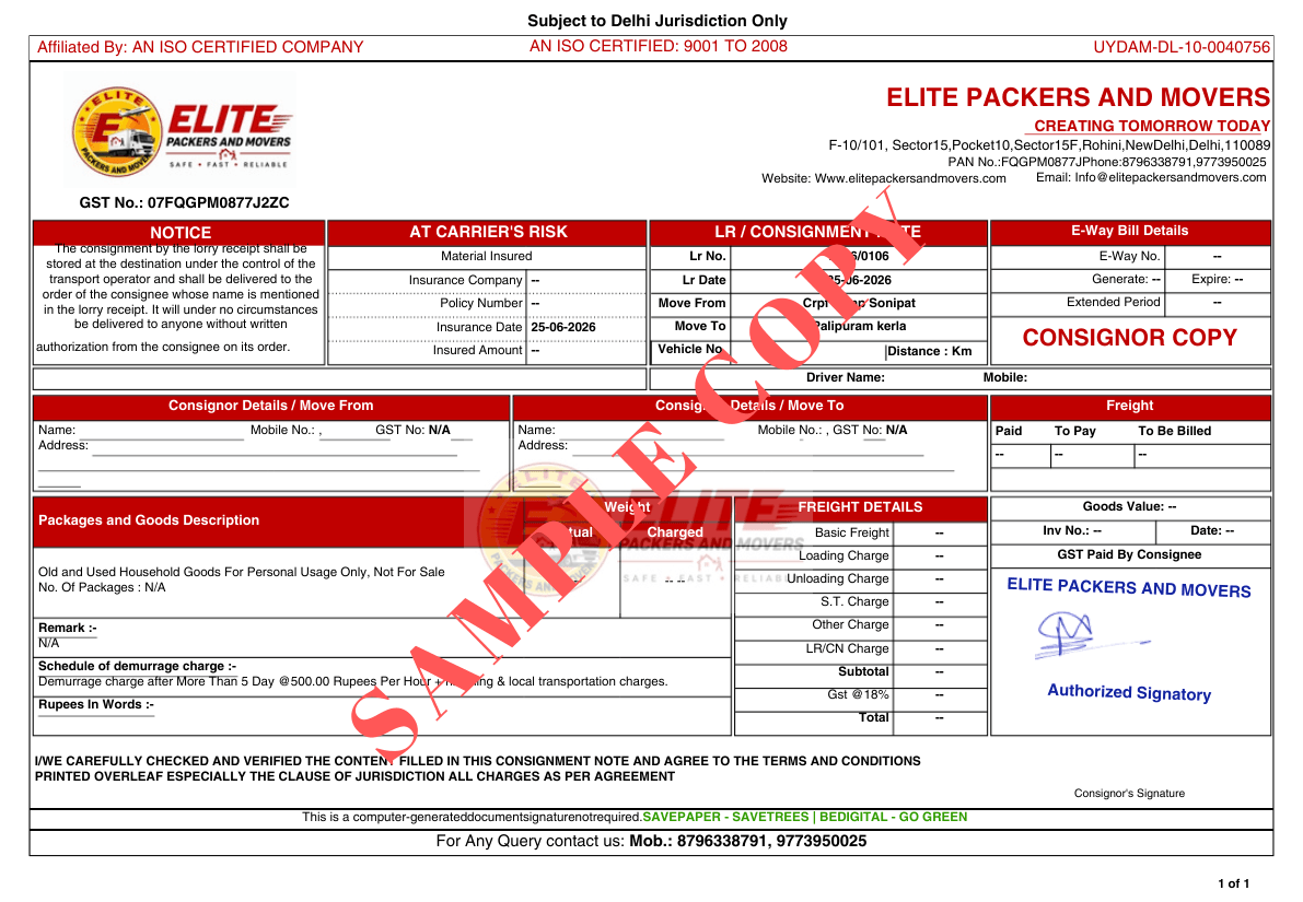 Elite Packers and Movers GST Registration Certificate